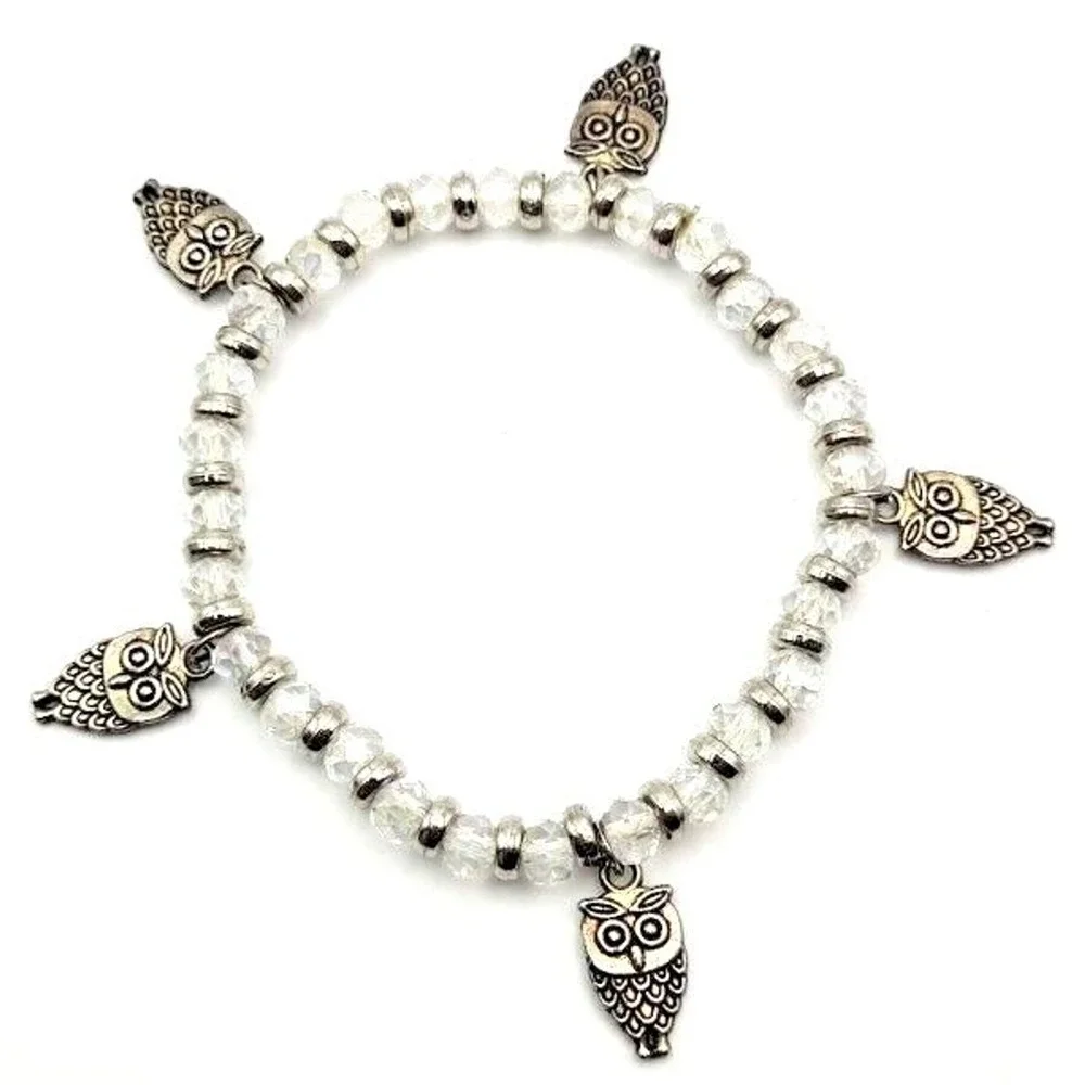 Silvertone and Faceted‎ Glass Stretch Bracelet Silvertone Owl Charms
